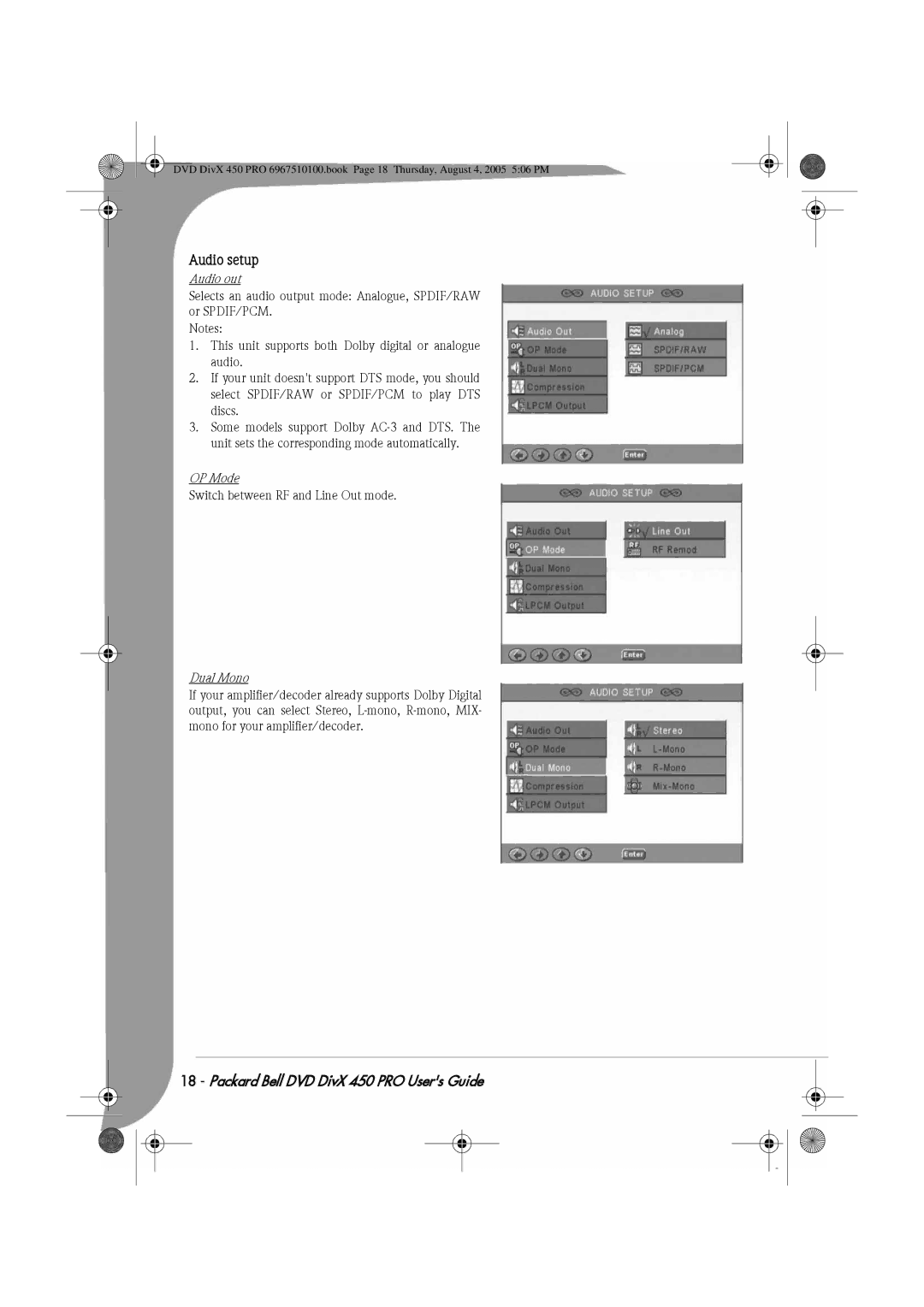 Packard Bell 450 PRO manual Audio setup, Audio out, OP Mode, Dual Mono 