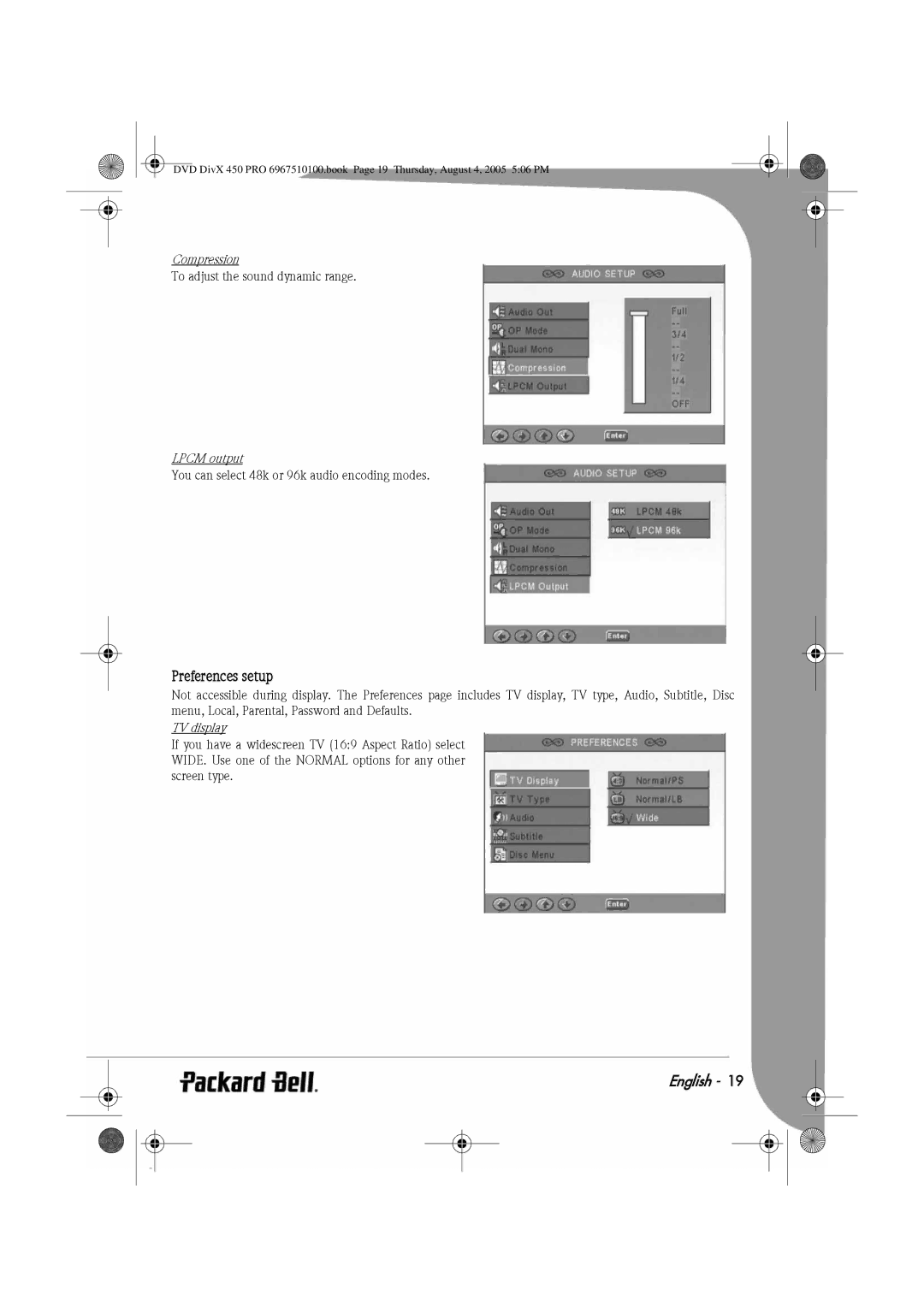 Packard Bell 450 PRO manual Preferences setup, Compression, Lpcm output, TV display 