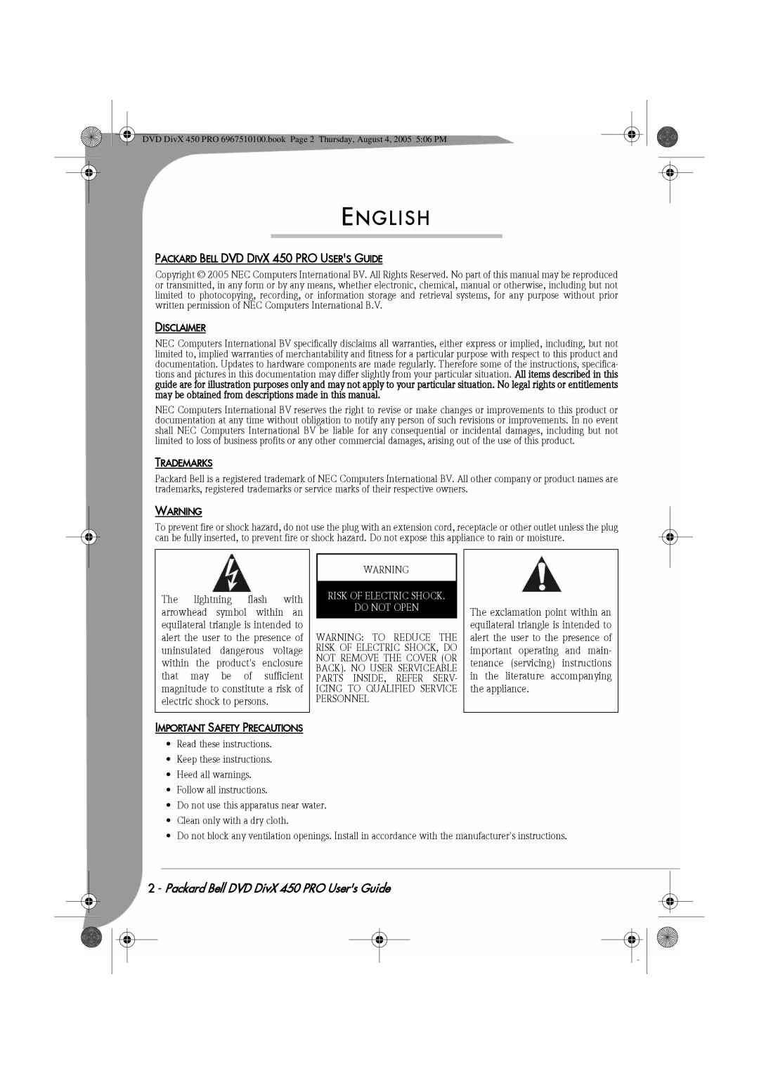 Packard Bell manual Packard Bell DVD Divx 450 PRO Users Guide, Disclaimer, Trademarks, Important Safety Precautions 