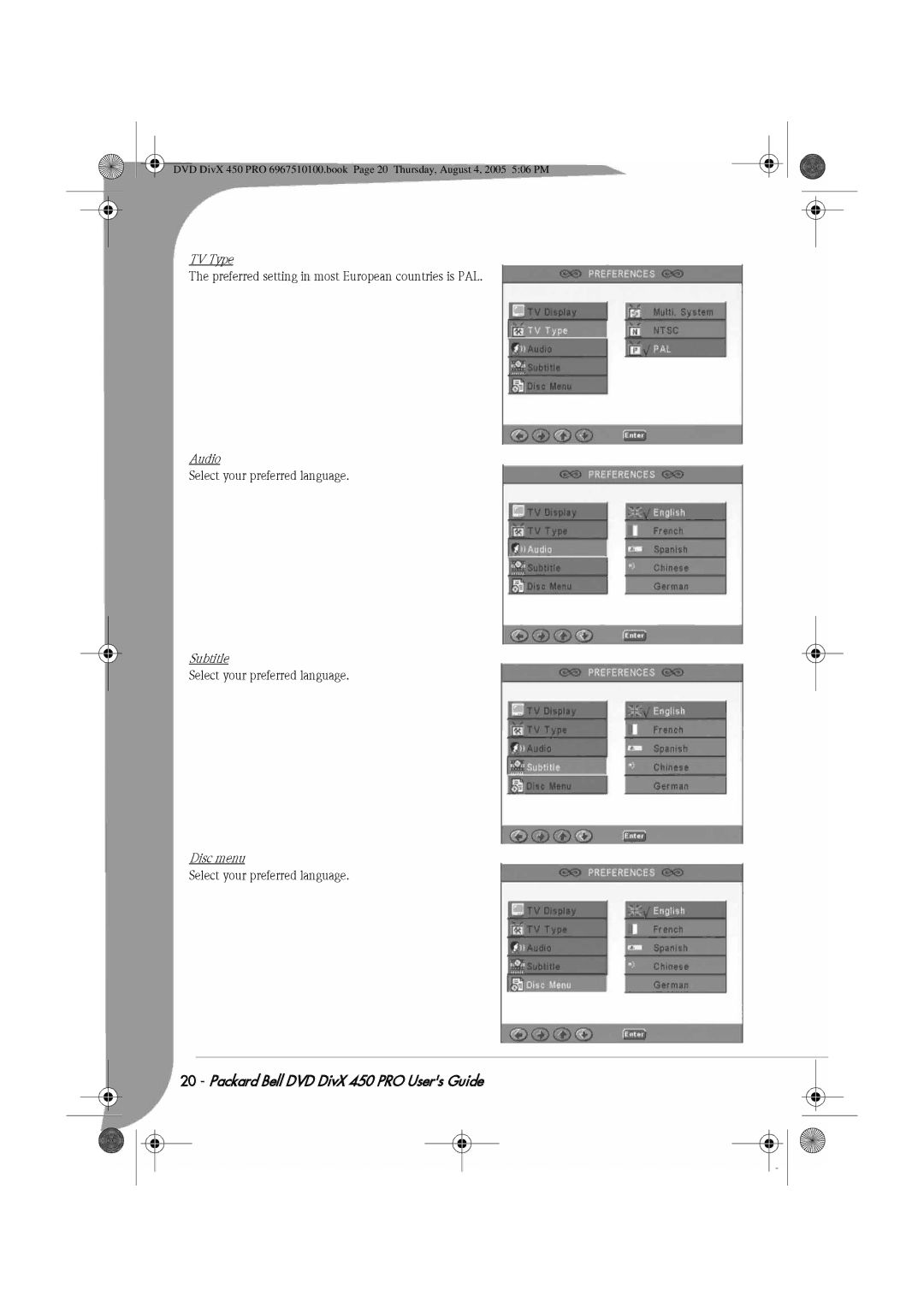 Packard Bell 450 PRO manual TV Type, Audio, Subtitle, Disc menu 