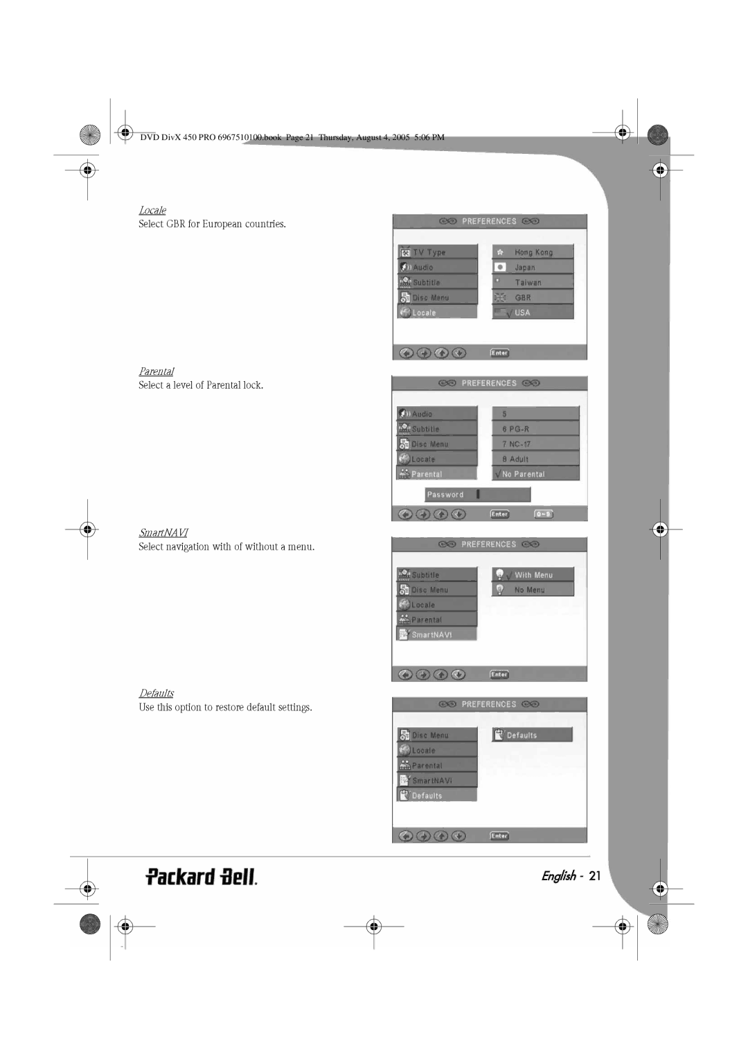 Packard Bell 450 PRO manual Locale, Parental, SmartNAVI, Defaults 