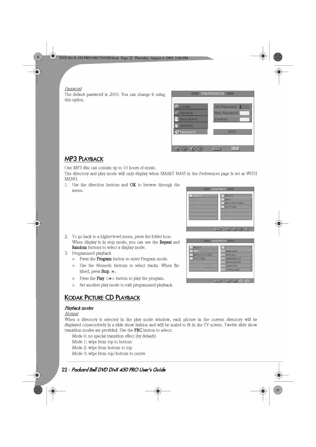 Packard Bell 450 PRO manual MP3 Playback, Kodak Picture CD Playback, Password, Playback modes, Normal 