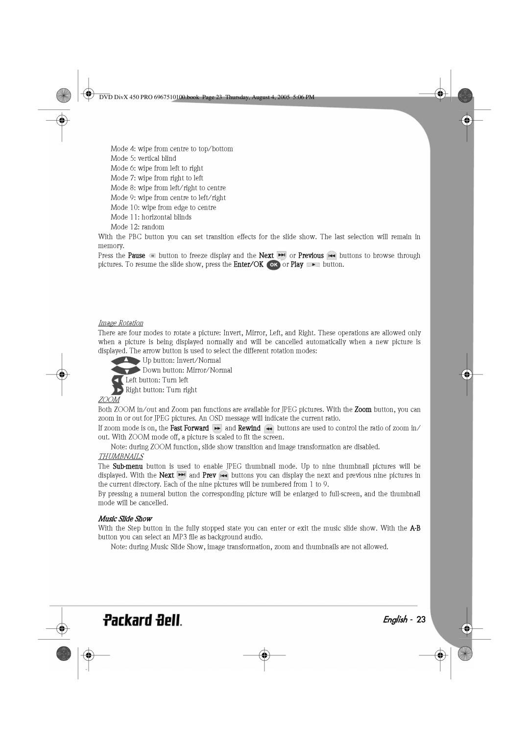 Packard Bell 450 PRO manual Image Rotation, Music Slide Show 