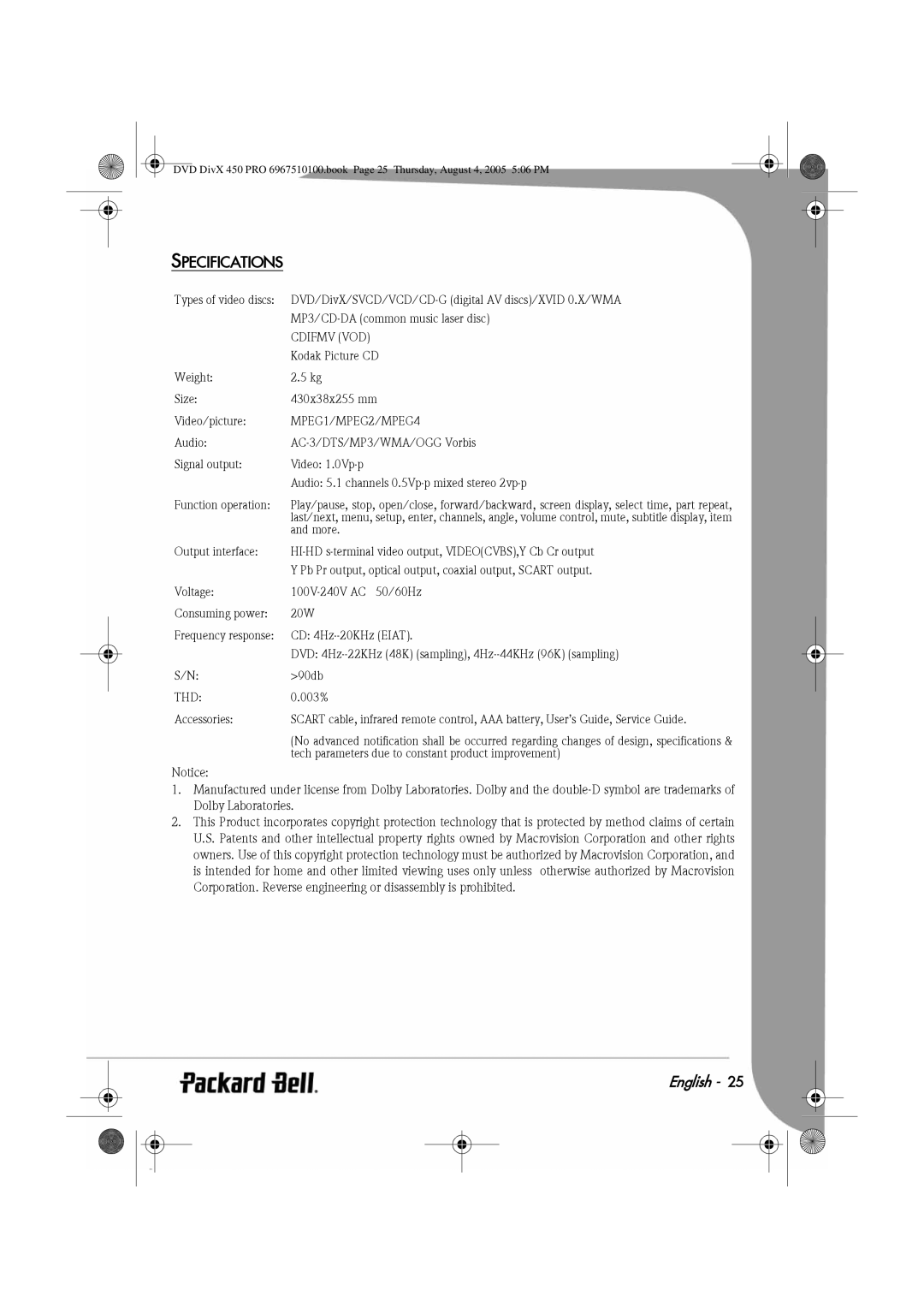 Packard Bell 450 PRO manual Specifications, MPEG1/MPEG2/MPEG4 