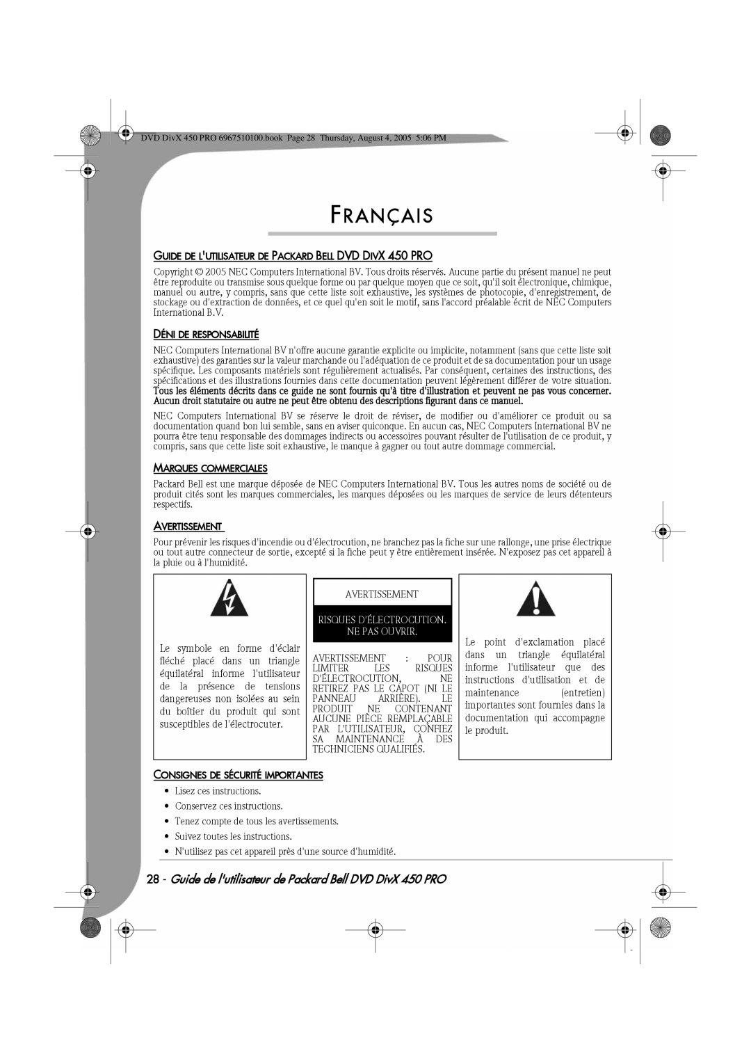 Packard Bell manual Guide DE Lutilisateur DE Packard Bell DVD Divx 450 PRO, Déni DE Responsabilité, Marques Commerciales 