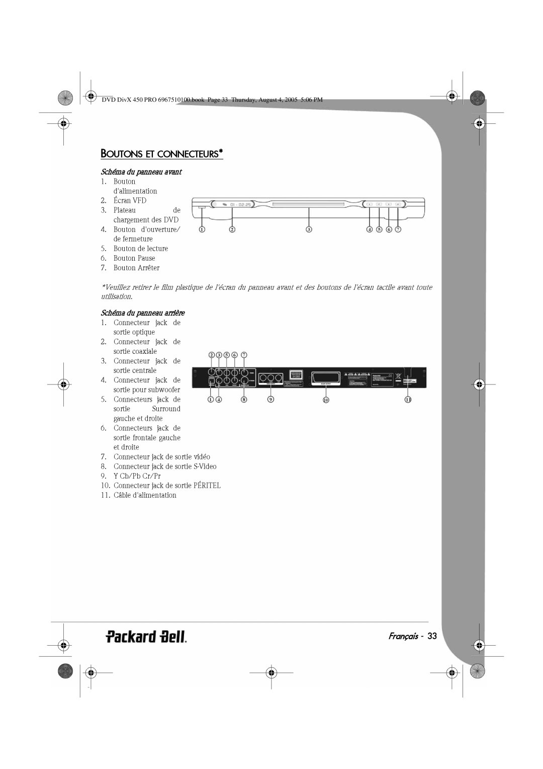 Packard Bell 450 PRO manual Boutons ET Connecteurs, Schéma du panneau avant, Schéma du panneau arrière 