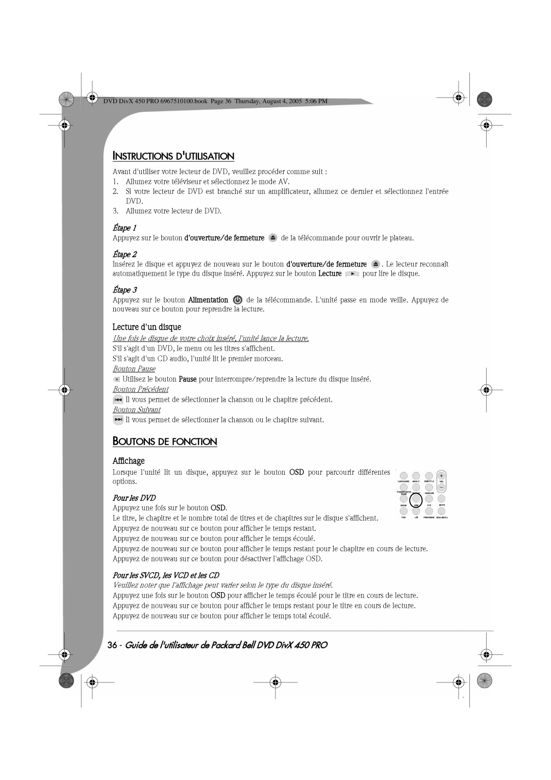 Packard Bell 450 PRO manual Instructions Dutilisation, Lecture dun disque, Boutons DE Fonction, Affichage 