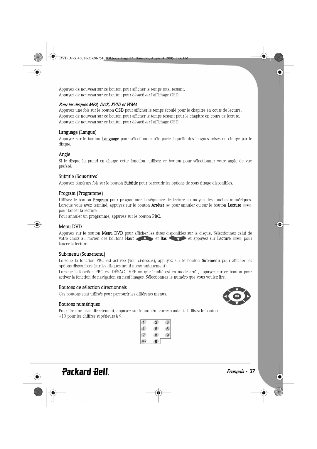 Packard Bell 450 PRO Language Langue, Subtitle Sous-titres, Program Programme, Sub-menu Sous-menu, Boutons numériques 