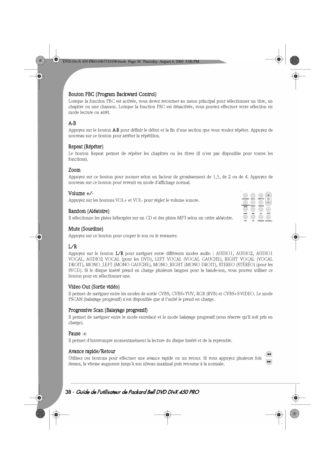 Packard Bell 450 PRO manual Bouton PBC Program Backward Control, Repeat Répéter, Random Aléatoire, Mute Sourdine 