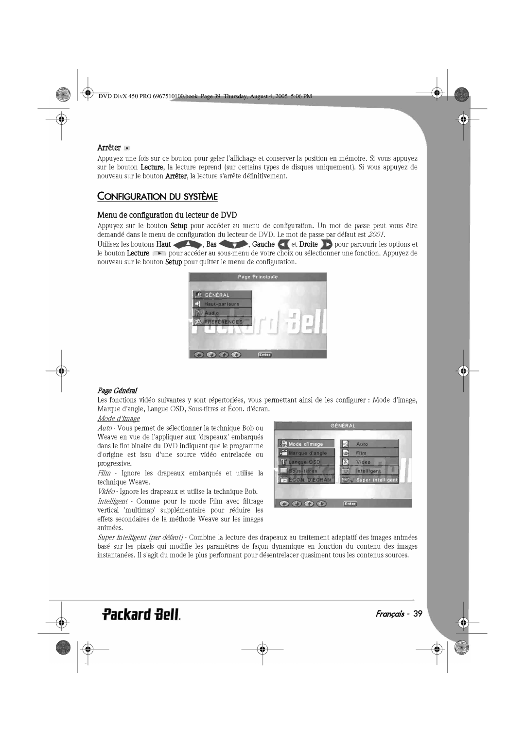 Packard Bell 450 PRO Arrêter, Configuration DU Système, Menu de configuration du lecteur de DVD, Général, Mode dimage 