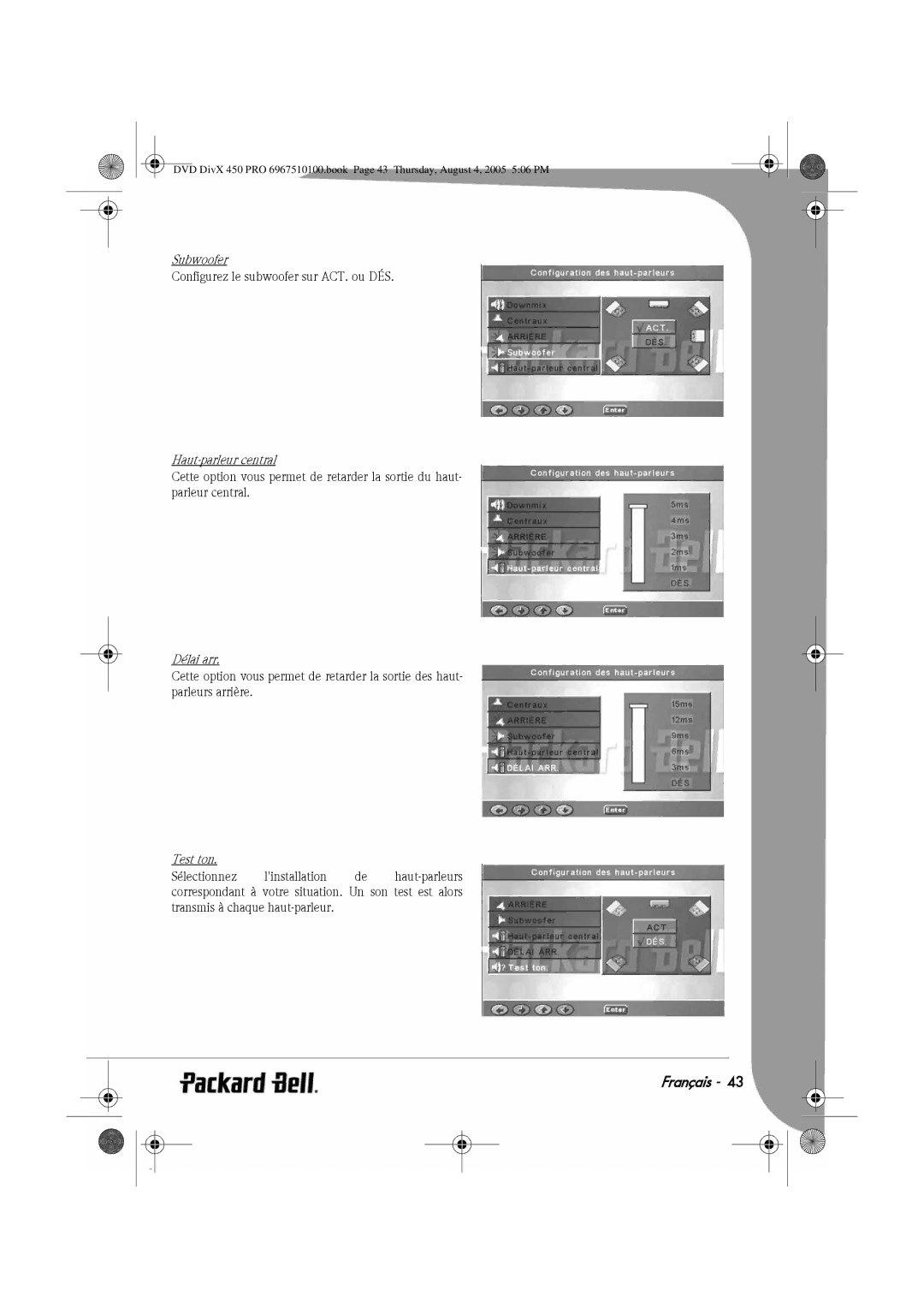 Packard Bell 450 PRO manual Haut-parleur central, Délai arr, Test ton 