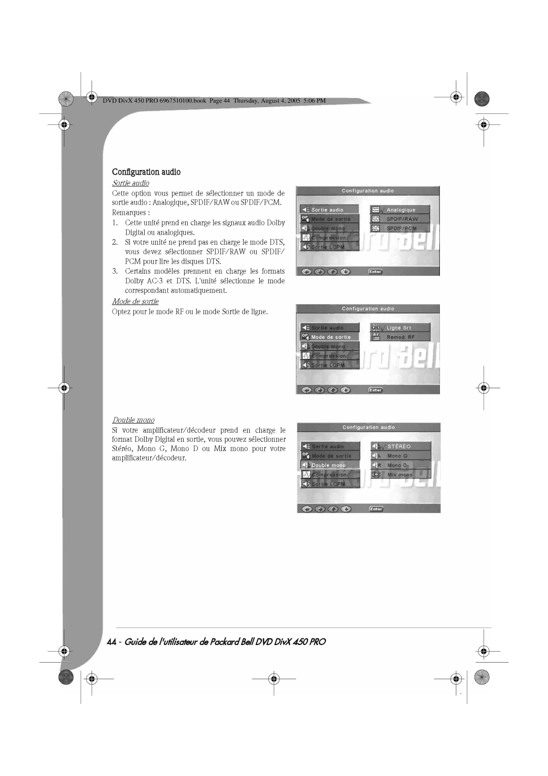 Packard Bell 450 PRO manual Configuration audio, Sortie audio, Mode de sortie, Double mono 