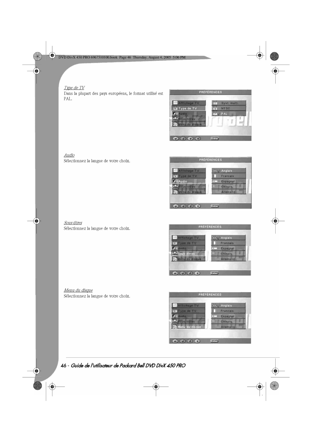 Packard Bell 450 PRO manual Type de TV, Menu du disque 