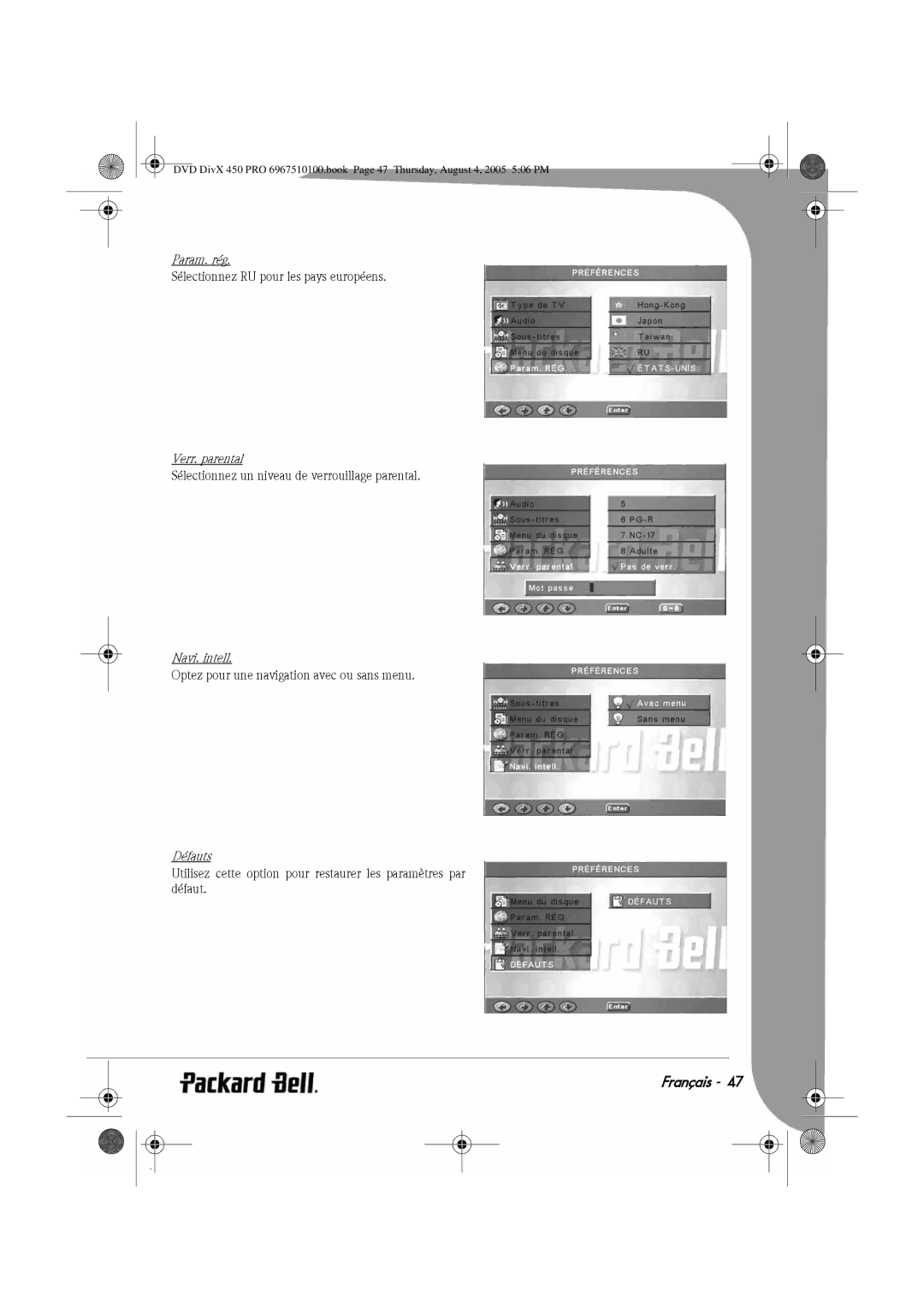 Packard Bell 450 PRO manual Param. rég, Verr. parental, Navi. intell, Défauts 