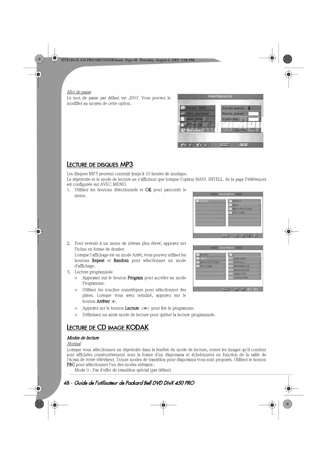 Packard Bell 450 PRO manual Lecture DE Disques MP3, Lecture DE CD Image Kodak, Mot de passe, Modes de lecture 