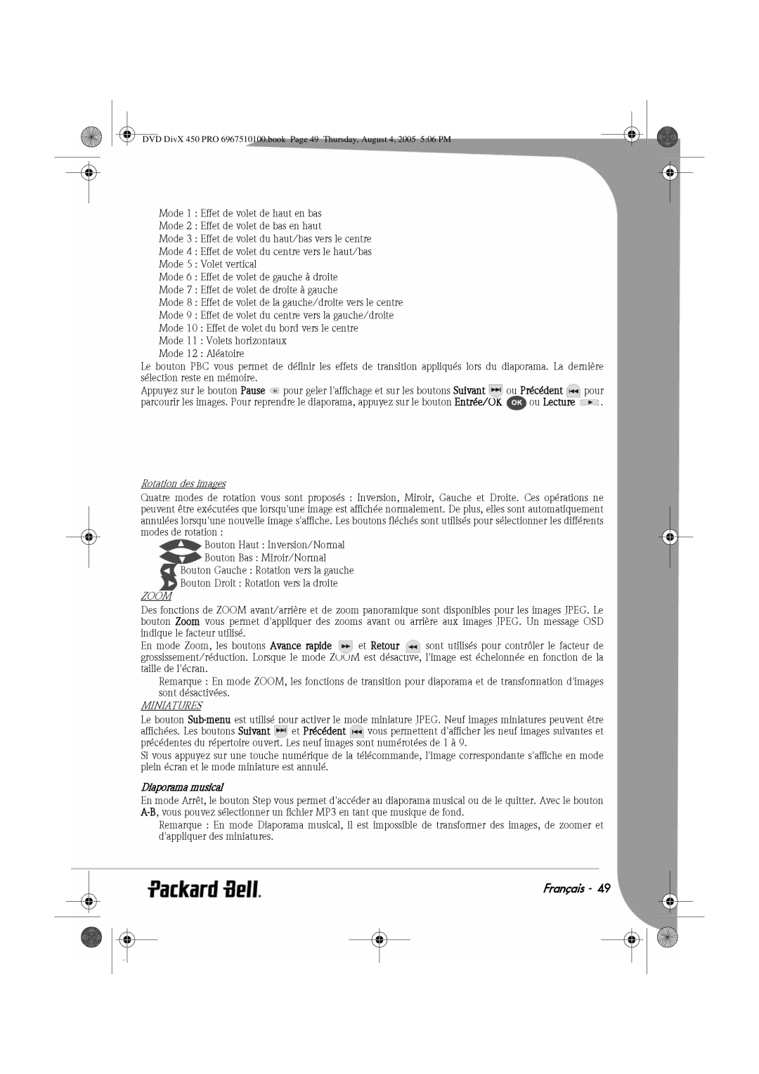 Packard Bell 450 PRO manual Rotation des images, Diaporama musical 