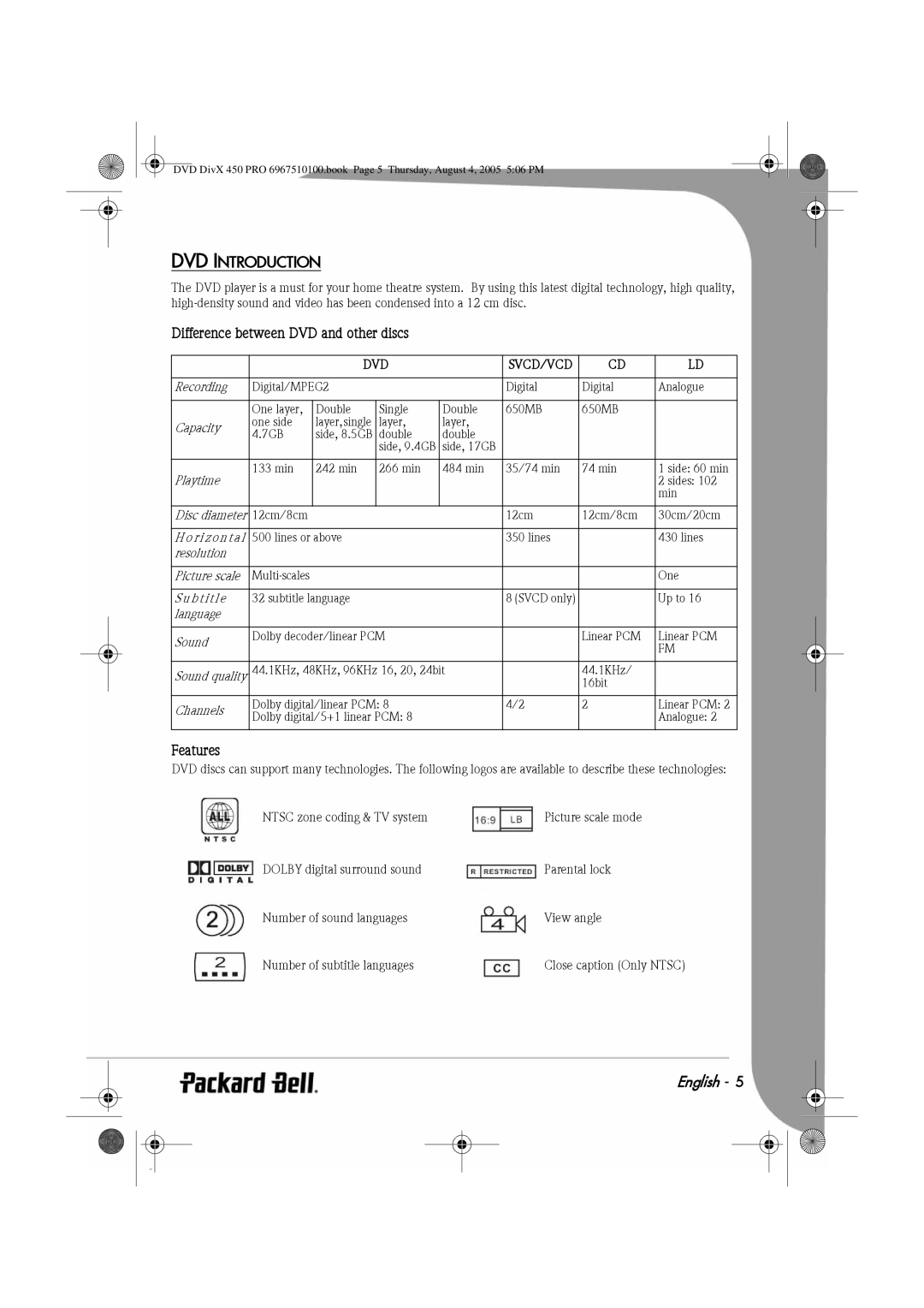 Packard Bell 450 PRO manual DVD Introduction, Difference between DVD and other discs, Features 