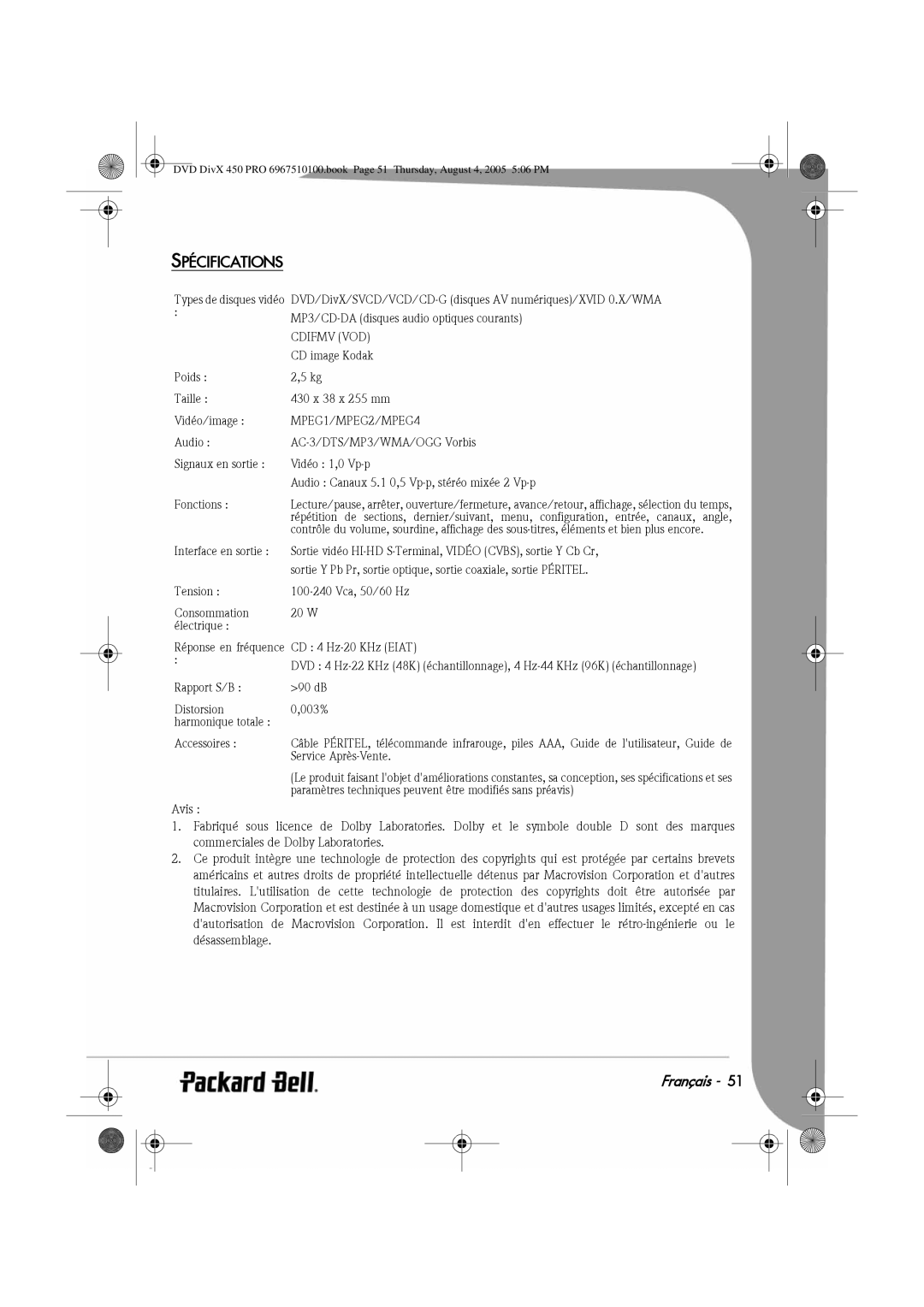 Packard Bell 450 PRO manual Spécifications 