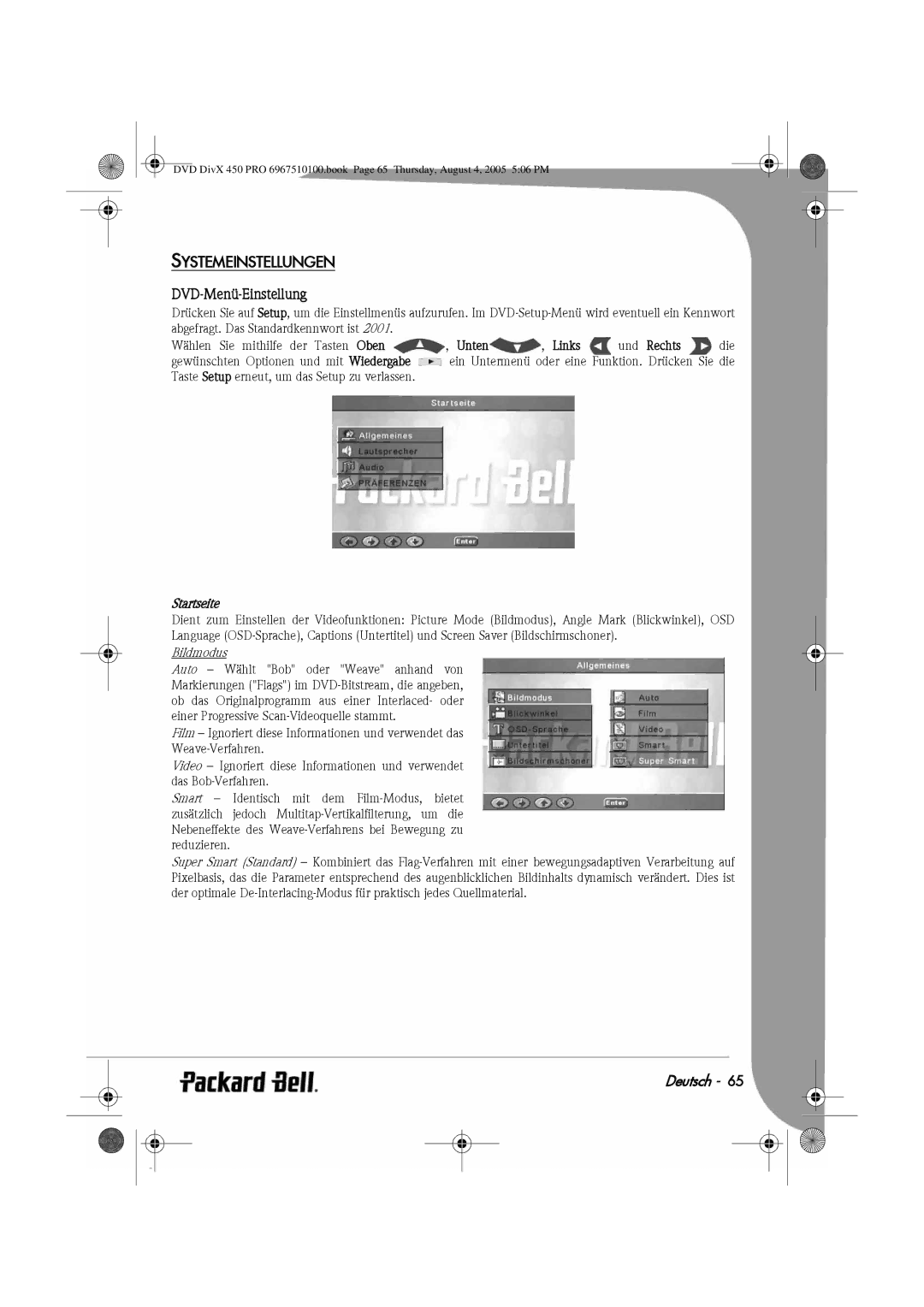 Packard Bell 450 PRO manual Systemeinstellungen, DVD-Menü-Einstellung, Startseite, Bildmodus 