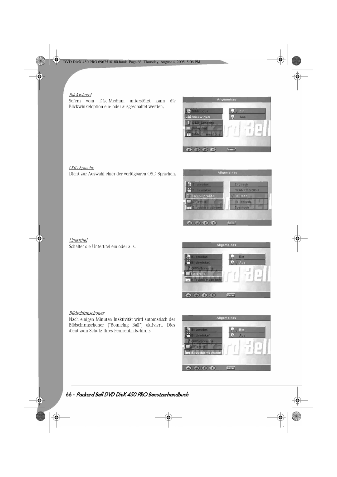 Packard Bell 450 PRO manual Blickwinkel, OSD-Sprache, Untertitel, Bildschirmschoner 