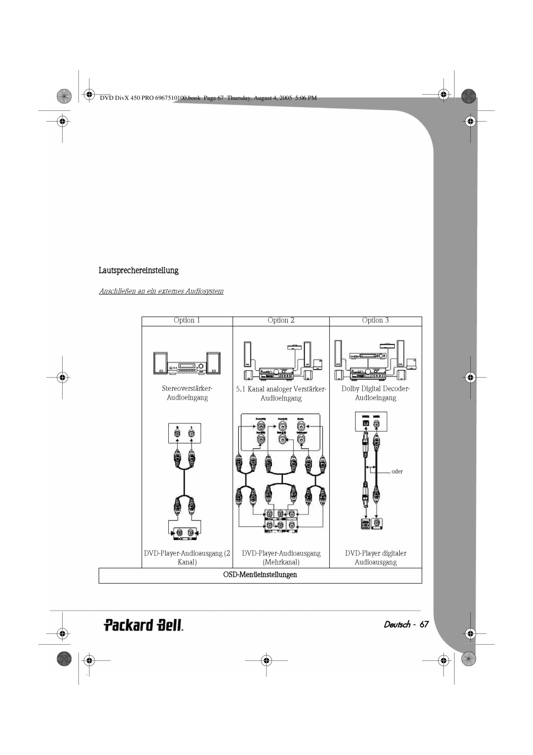 Packard Bell 450 PRO manual Lautsprechereinstellung, Anschließen an ein externes Audiosystem 