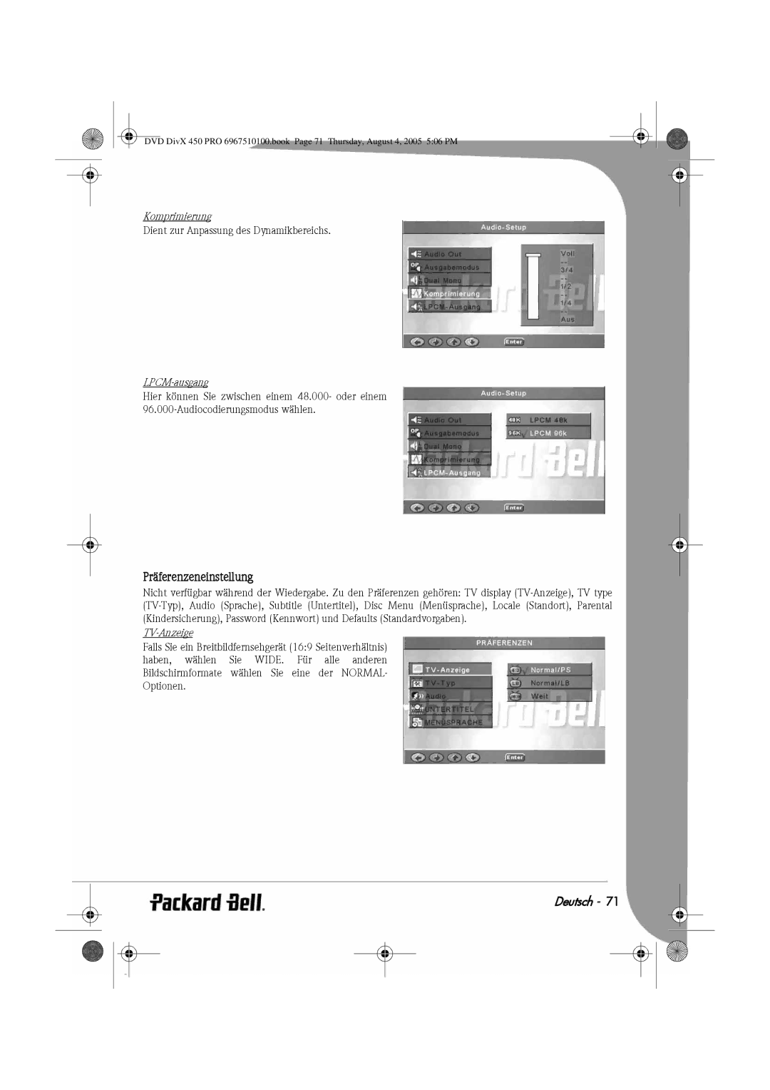 Packard Bell 450 PRO manual Präferenzeneinstellung, Komprimierung, LPCM-ausgang, TV-Anzeige 