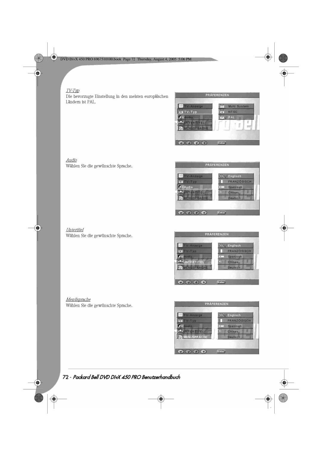 Packard Bell 450 PRO manual TV-Typ, Menüsprache 