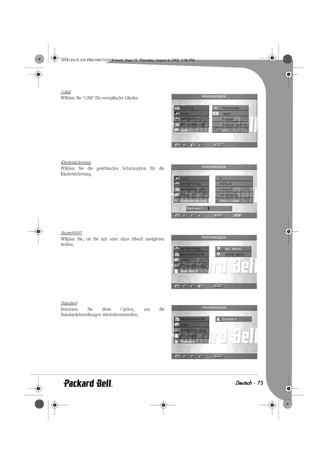 Packard Bell 450 PRO manual Lokal, Kindersicherung, Standard 