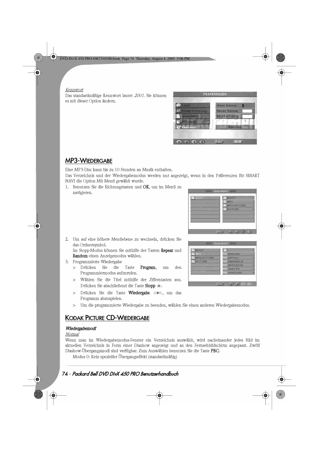 Packard Bell 450 PRO manual MP3-WIEDERGABE, Kodak Picture CD-WIEDERGABE, Kennwort, Wiedergabemodi 