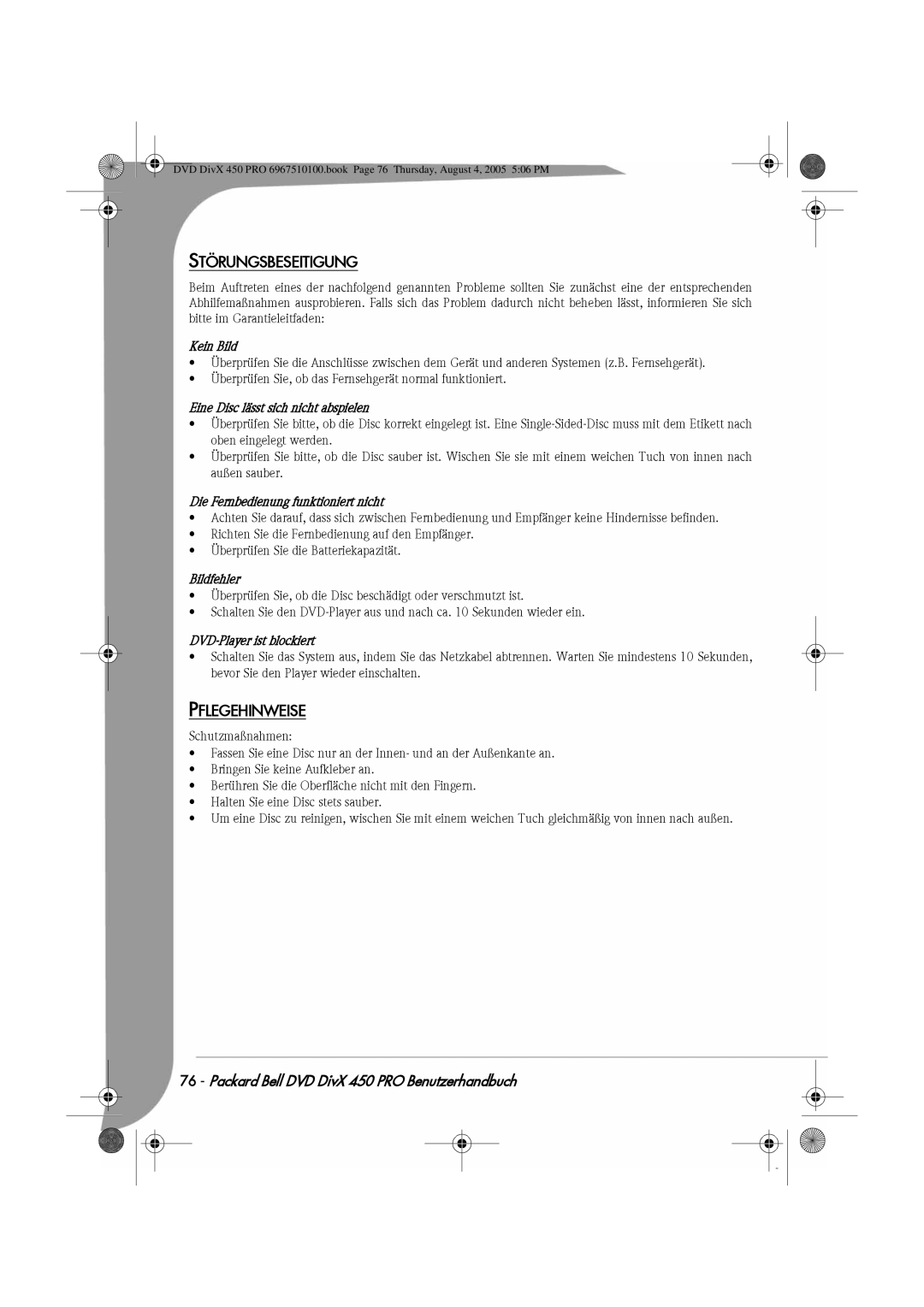 Packard Bell 450 PRO manual Störungsbeseitigung, Pflegehinweise 