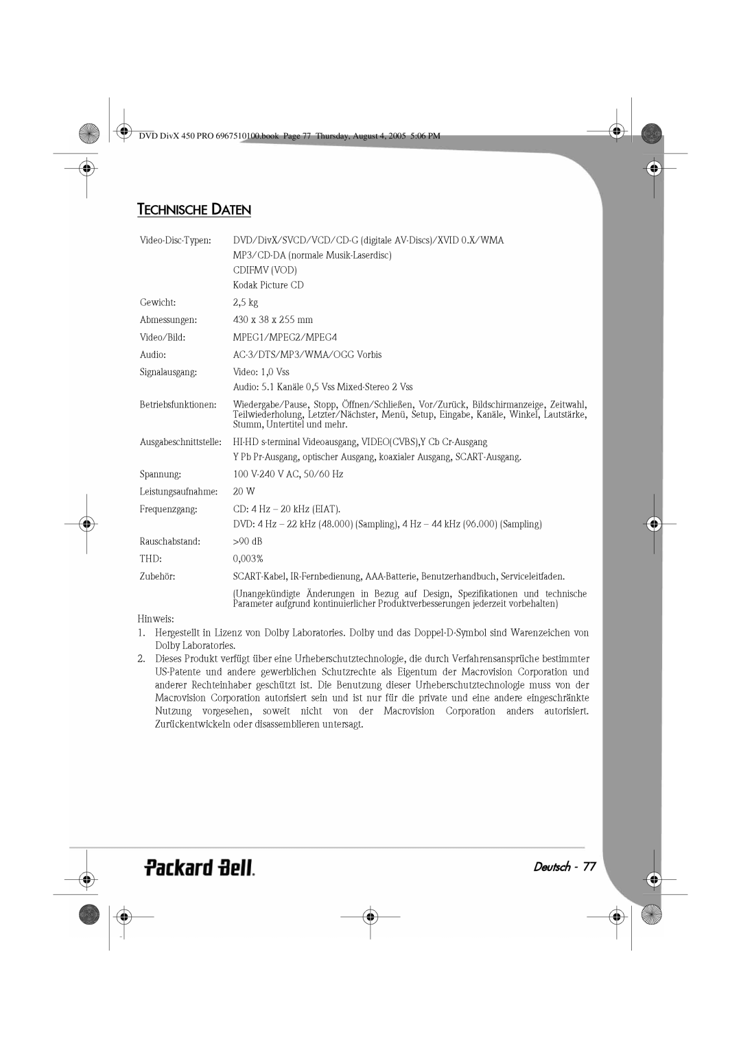 Packard Bell 450 PRO manual Technische Daten, Zubehör 