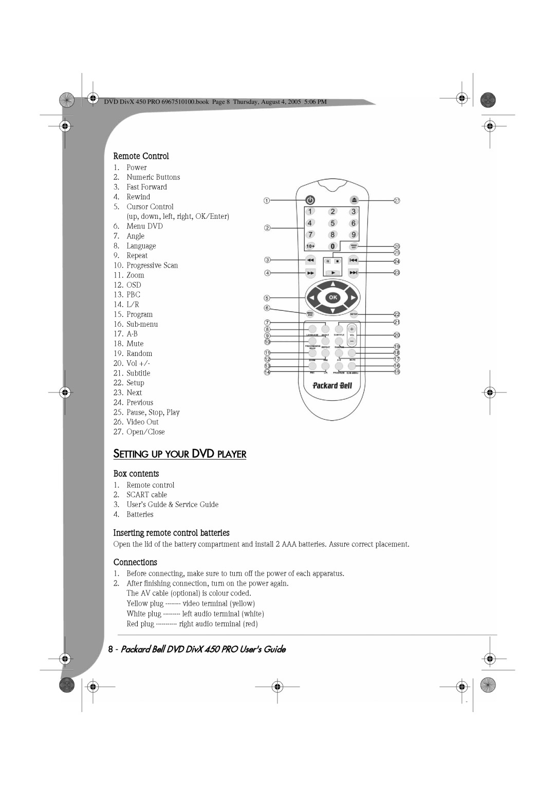 Packard Bell 450 PRO manual Remote Control, Setting UP Your DVD Player, Box contents, Inserting remote control batteries 