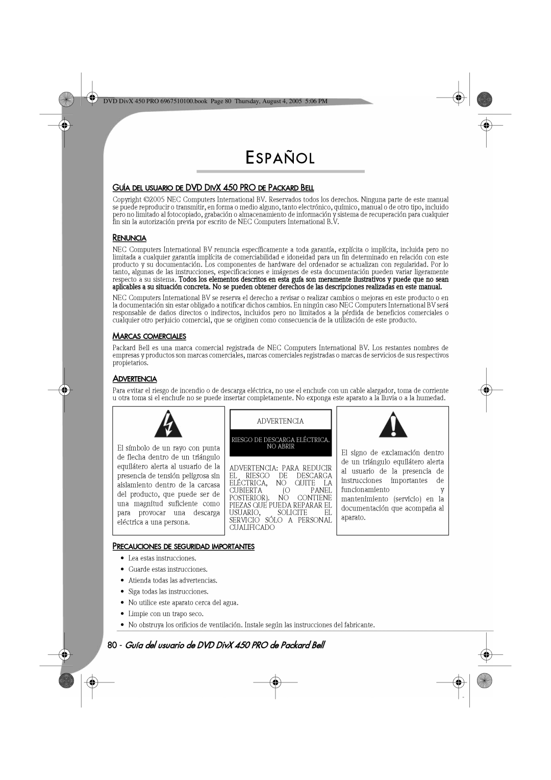 Packard Bell manual Guía DEL Usuario DE DVD Divx 450 PRO DE Packard Bell, Renuncia, Marcas Comerciales, Advertencia 