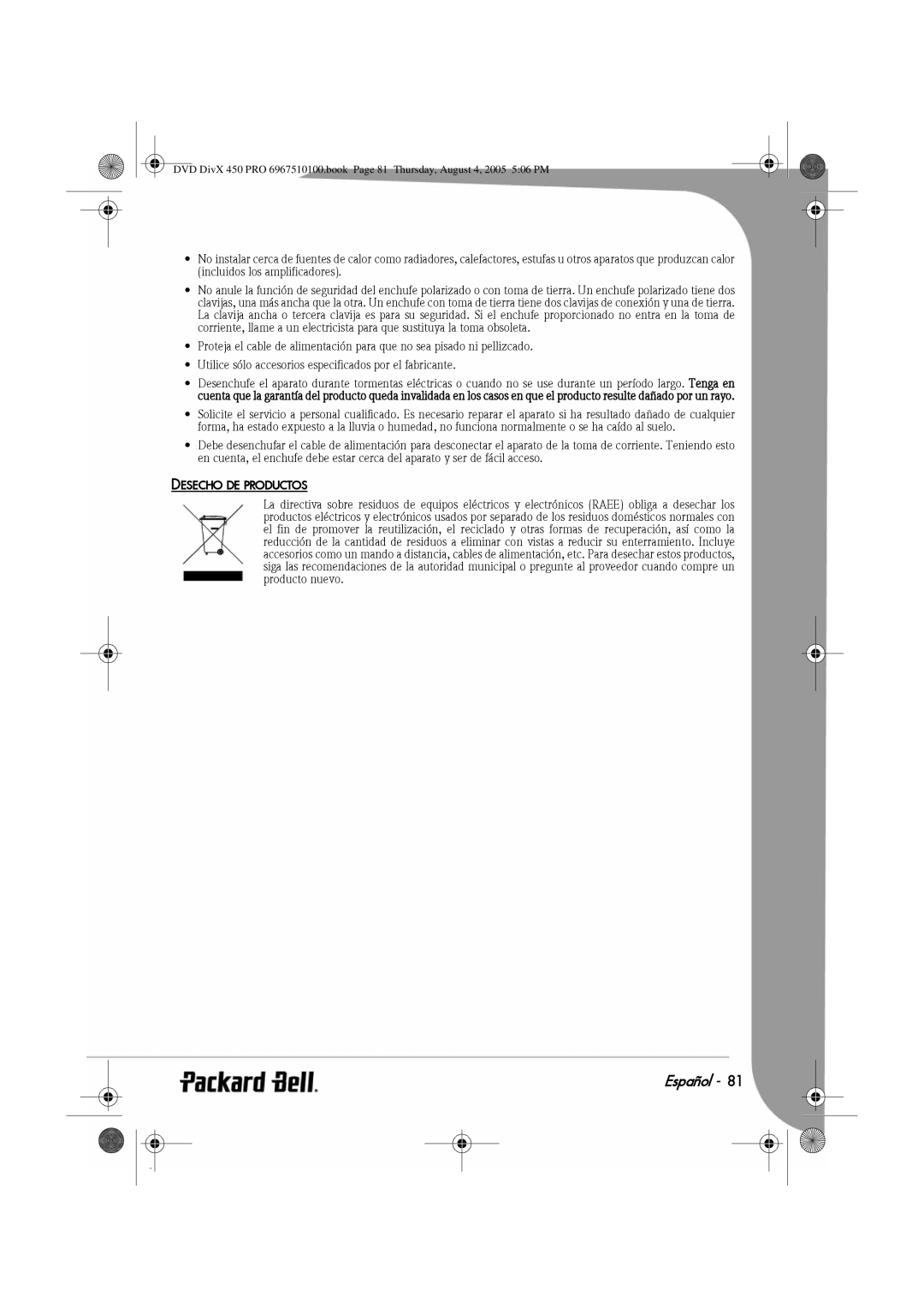 Packard Bell 450 PRO manual Desecho DE Productos 