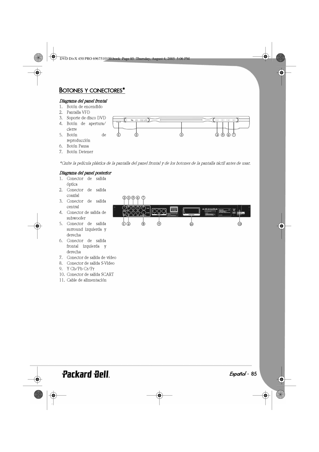 Packard Bell 450 PRO manual Botones Y Conectores, Diagrama del panel frontal, Diagrama del panel posterior 