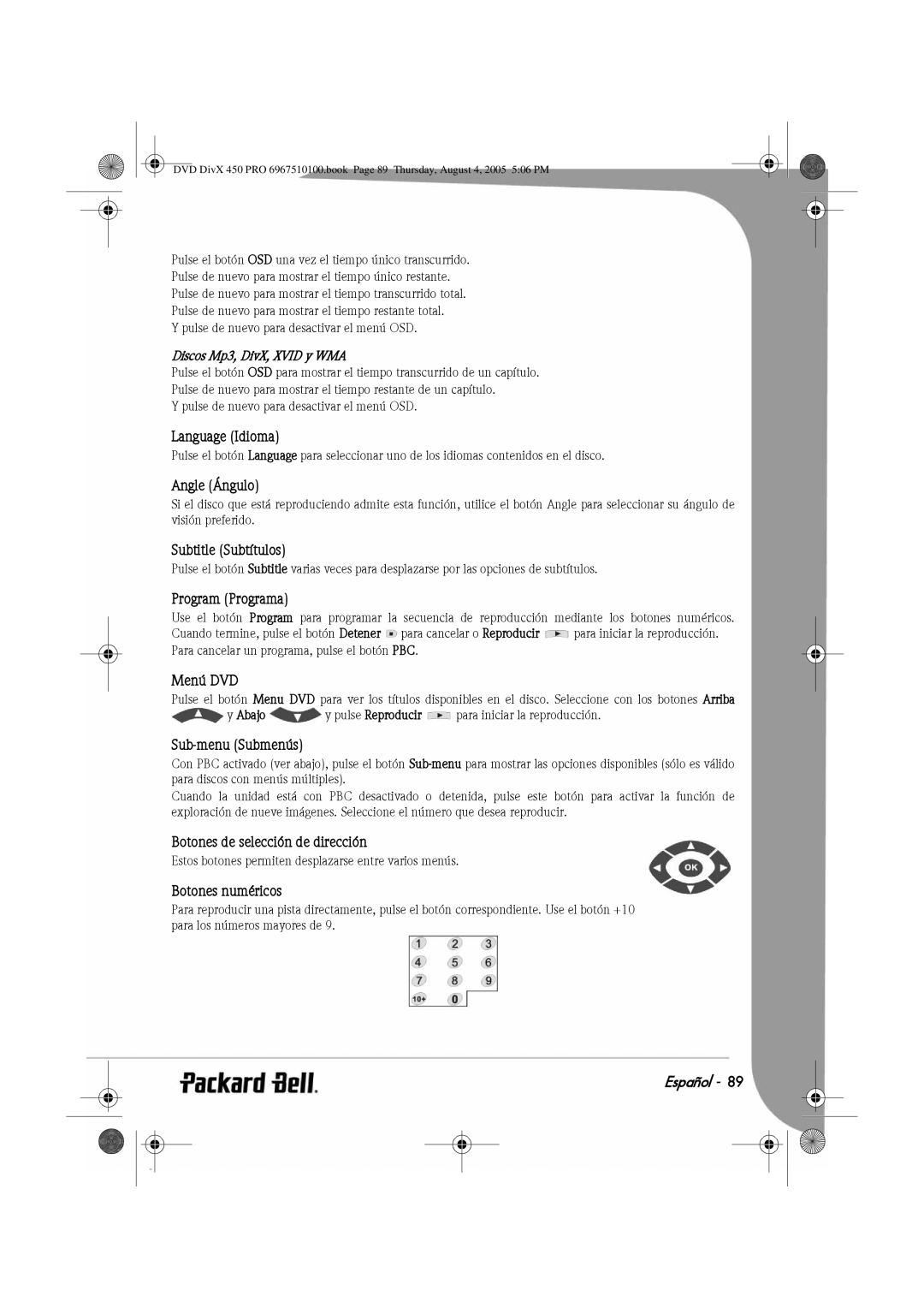 Packard Bell 450 PRO Language Idioma, Angle Ángulo, Subtitle Subtítulos, Program Programa, Menú DVD, Sub-menu Submenús 