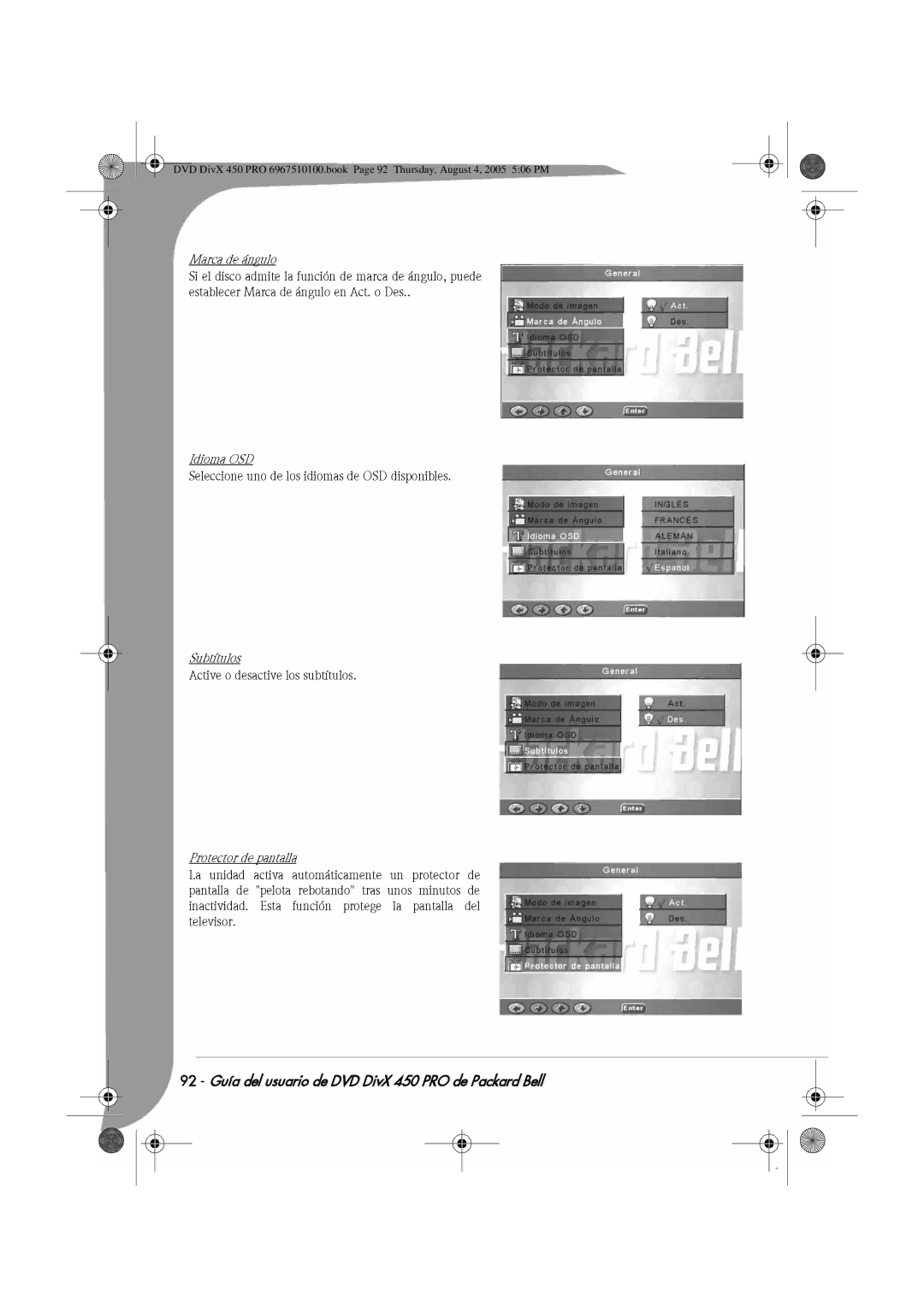 Packard Bell 450 PRO manual Marca de ángulo, Idioma OSD, Subtítulos, Protector de pantalla 