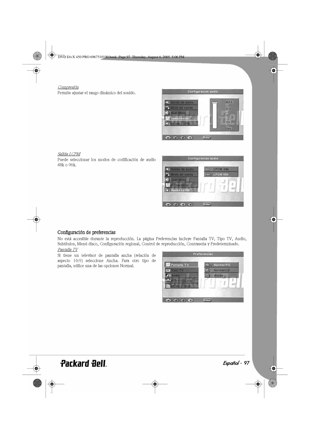 Packard Bell 450 PRO manual Configuración de preferencias, Compresión, Salida Lcpm, Pantalla TV 