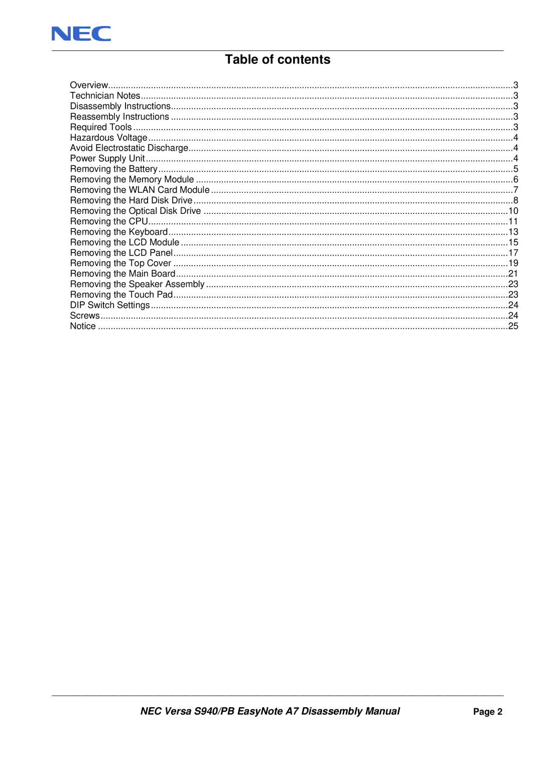 Packard Bell A7 manual Table of contents 