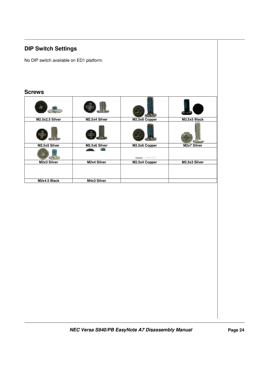 Packard Bell A7 manual DIP Switch Settings, Screws 