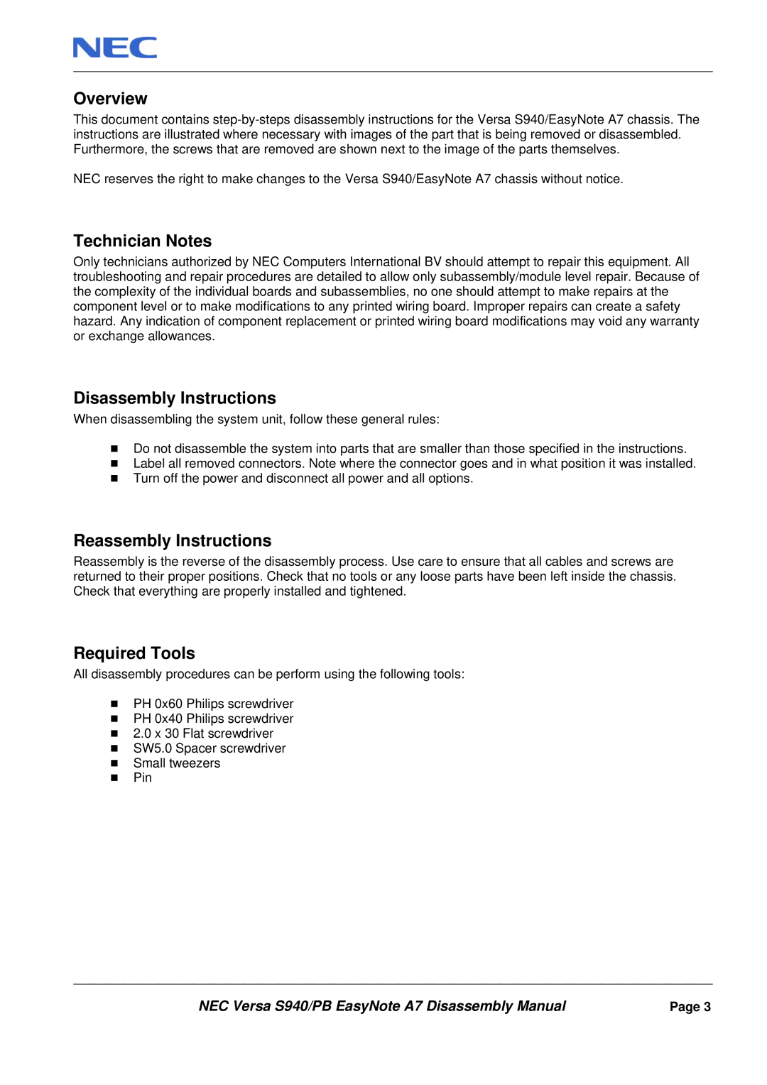 Packard Bell A7 manual Overview, Technician Notes, Disassembly Instructions, Reassembly Instructions, Required Tools 