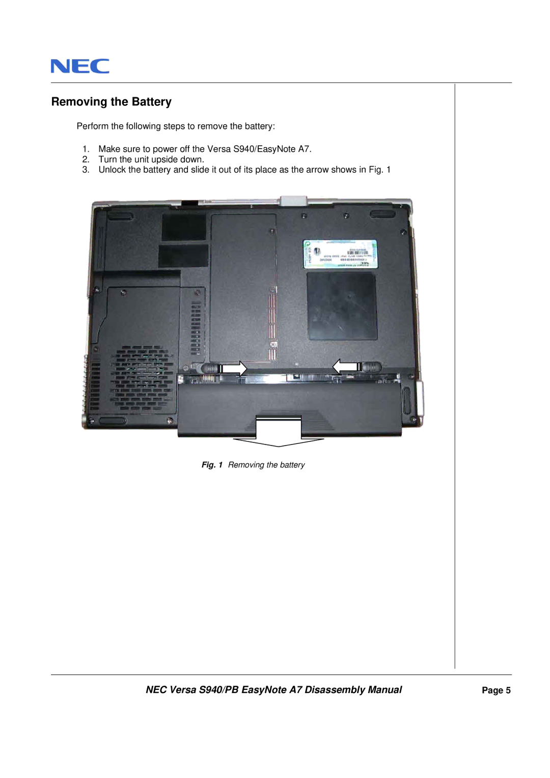 Packard Bell A7 manual Removing the Battery, Removing the battery 