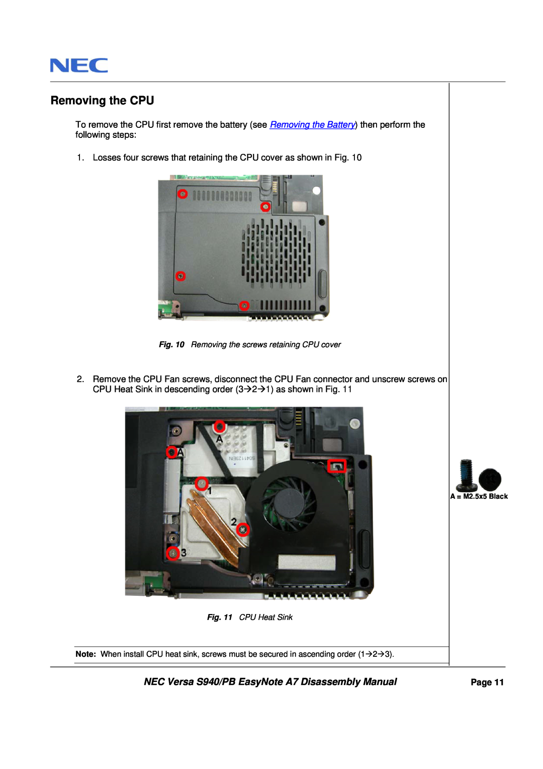 Packard Bell manual Removing the CPU, NEC Versa S940/PB EasyNote A7 Disassembly Manual 