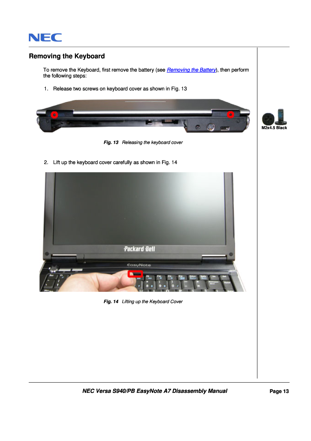 Packard Bell Removing the Keyboard, NEC Versa S940/PB EasyNote A7 Disassembly Manual, Releasing the keyboard cover 
