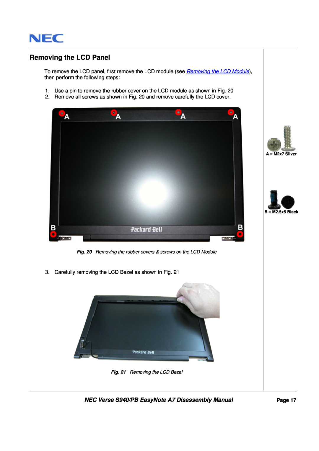 Packard Bell manual Removing the LCD Panel, NEC Versa S940/PB EasyNote A7 Disassembly Manual 