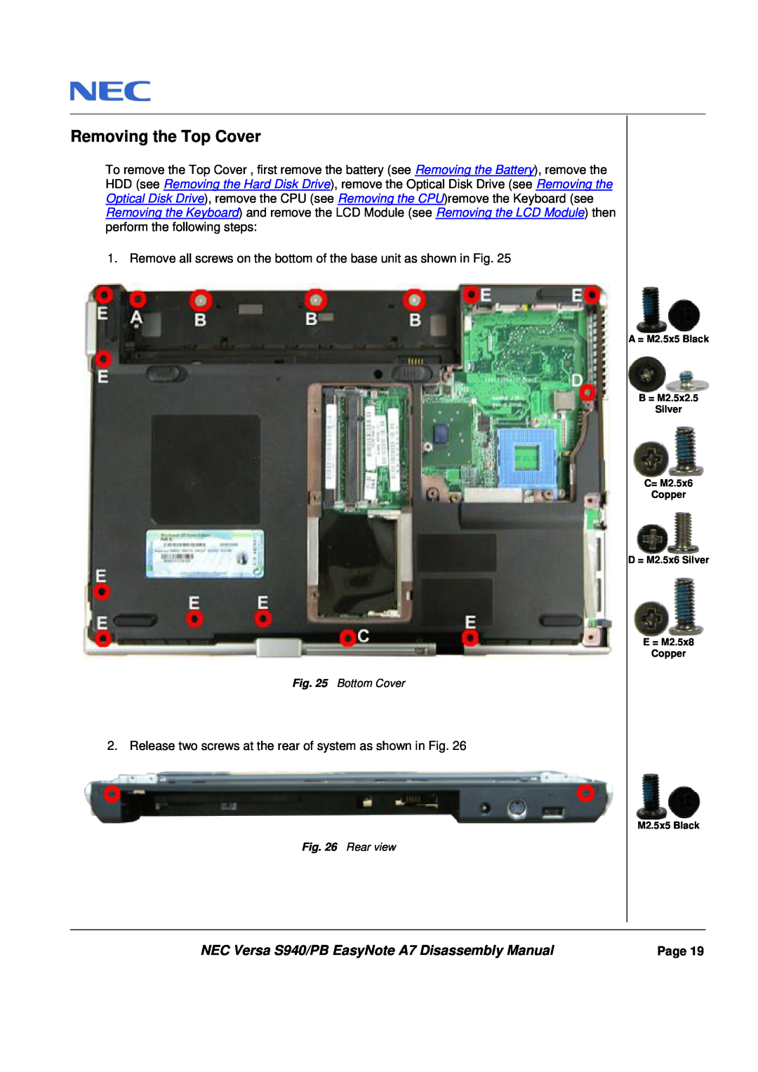 Packard Bell manual Removing the Top Cover, NEC Versa S940/PB EasyNote A7 Disassembly Manual 