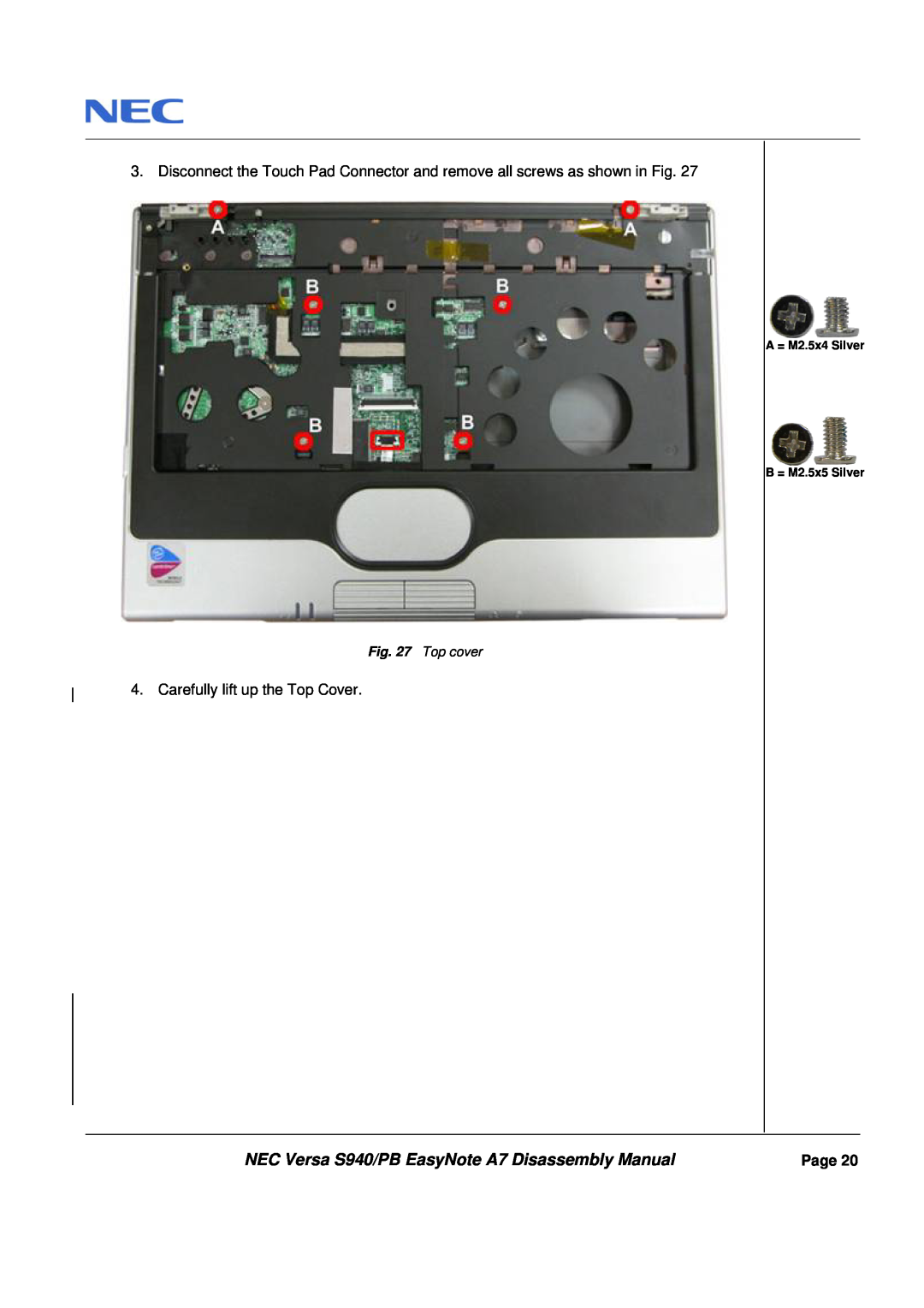 Packard Bell manual NEC Versa S940/PB EasyNote A7 Disassembly Manual, Carefully lift up the Top Cover, Top cover, Page 