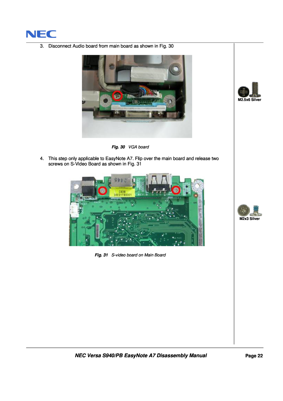 Packard Bell manual NEC Versa S940/PB EasyNote A7 Disassembly Manual, VGA board, S-video board on Main Board, Page 