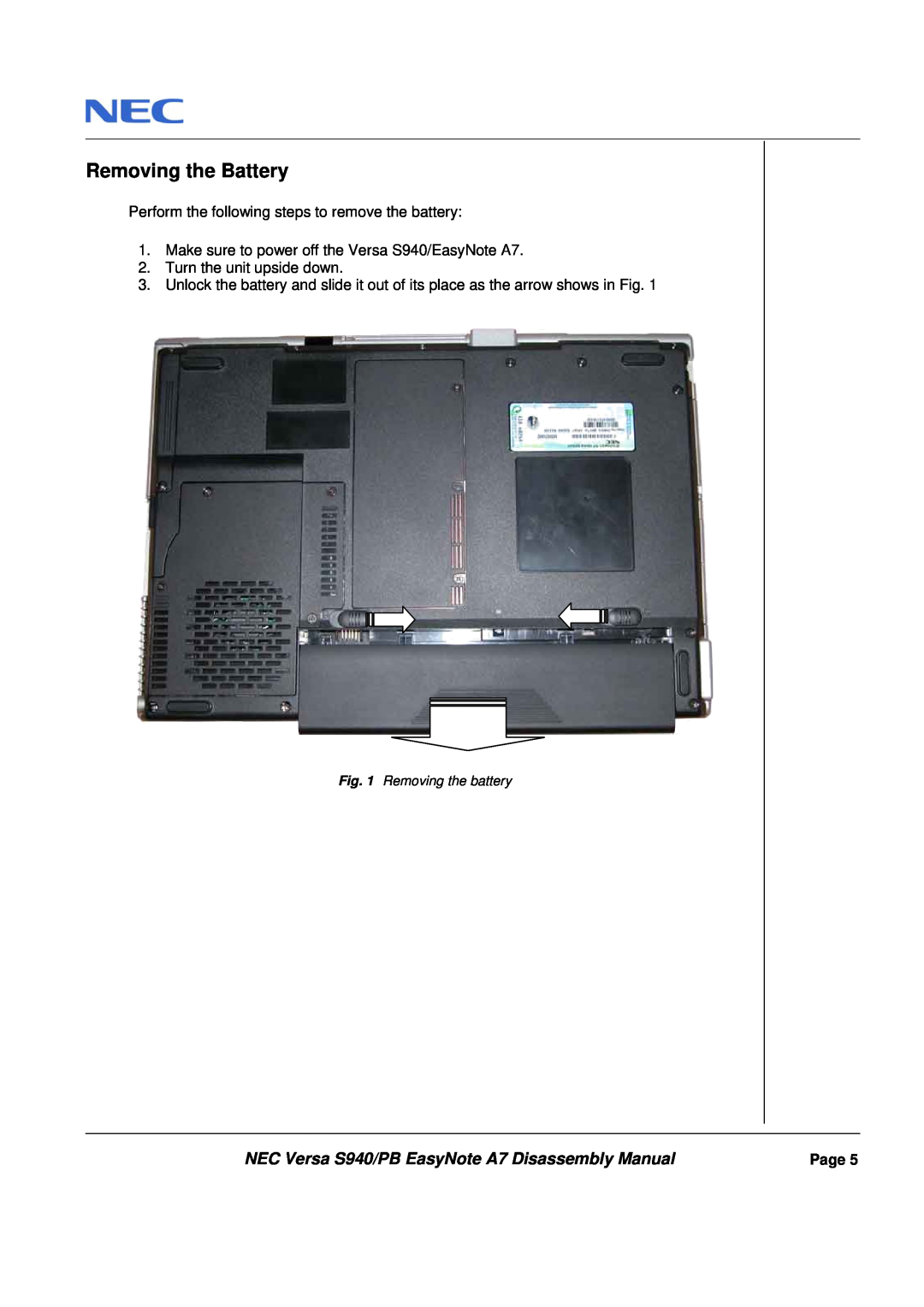 Packard Bell Removing the Battery, NEC Versa S940/PB EasyNote A7 Disassembly Manual, Turn the unit upside down, Page 