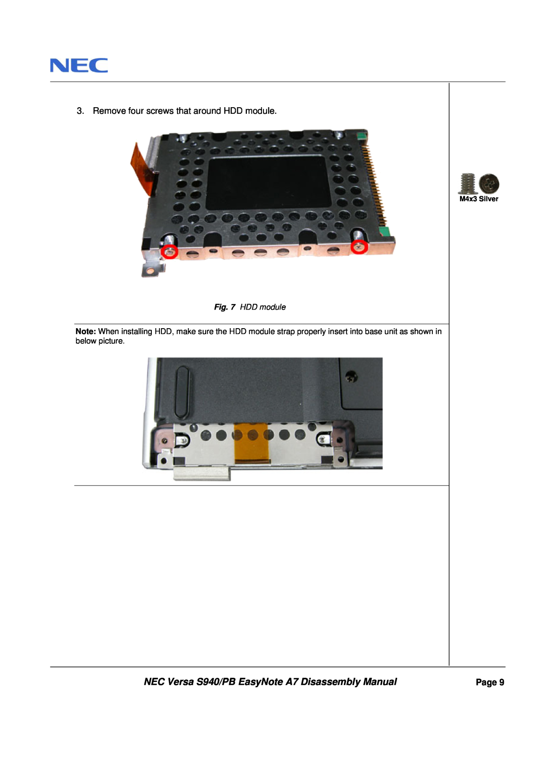 Packard Bell manual NEC Versa S940/PB EasyNote A7 Disassembly Manual, Remove four screws that around HDD module, Page 